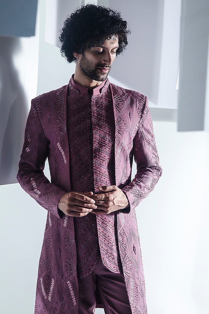 Burnt Pink Moss Crepe Embroidered Wedding Indowestern Set by Ankur J Men at Pernia's Pop Up Shop