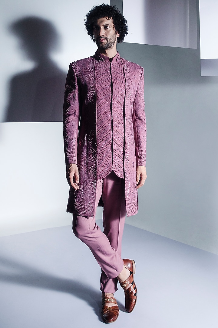 Burnt Pink Moss Crepe Embroidered Wedding Indowestern Set by Ankur J Men at Pernia's Pop Up Shop