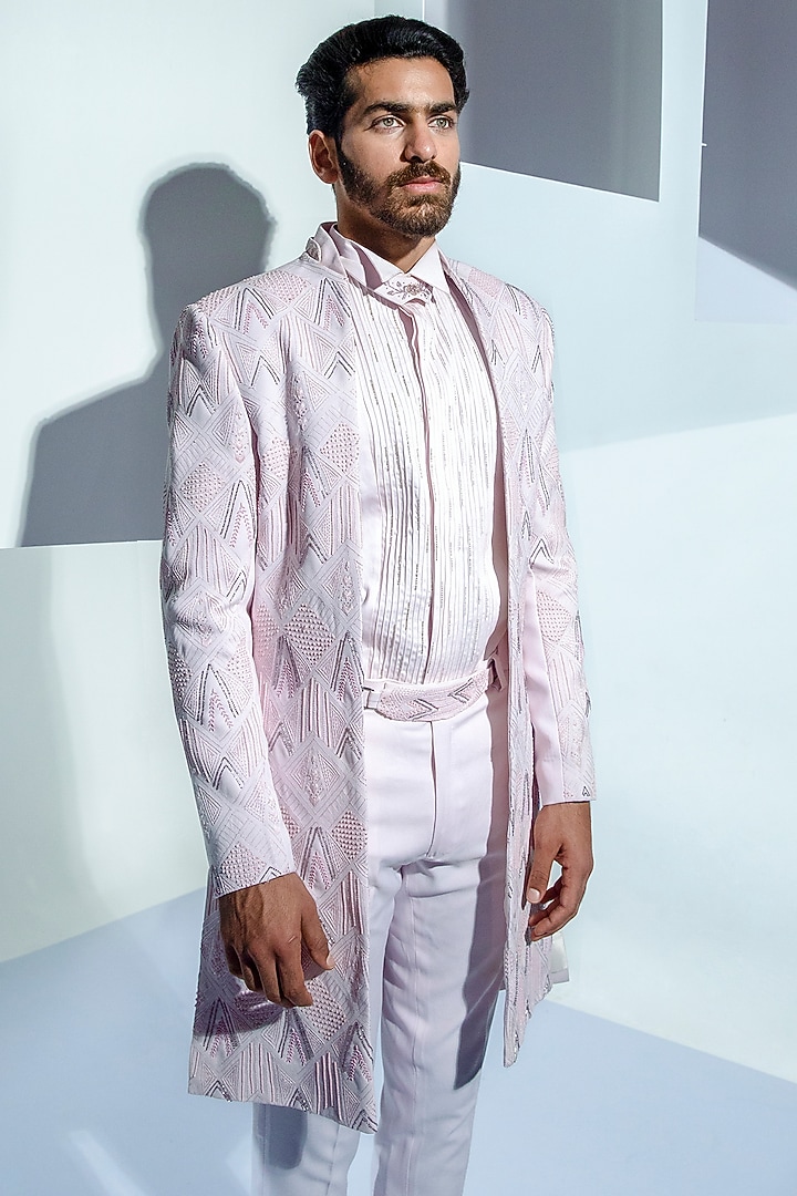 Rose Moss Crepe Embroidered Wedding Indowestern Set by Ankur J Men at Pernia's Pop Up Shop