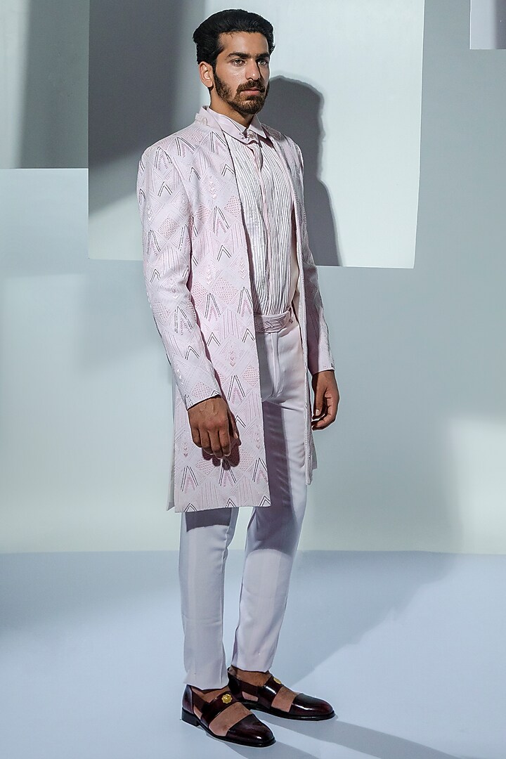 Rose Moss Crepe Embroidered Wedding Indowestern Set by Ankur J Men at Pernia's Pop Up Shop