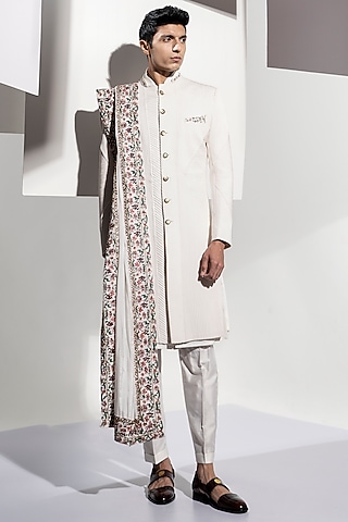White Banana Crepe Embroidered Sherwani Set by Ankur J Men