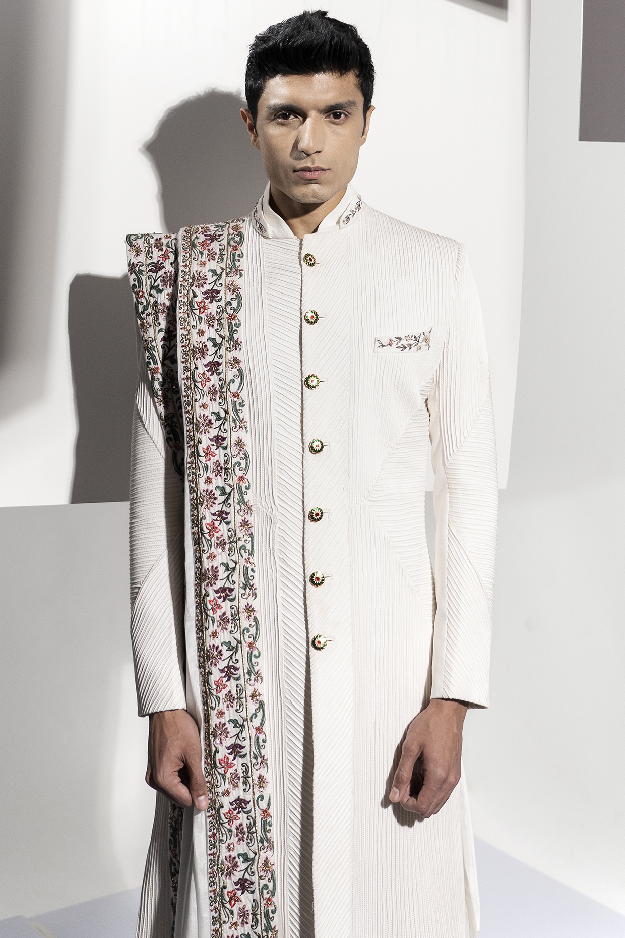 White Banana Crepe Embroidered Sherwani Set by Ankur J Men
