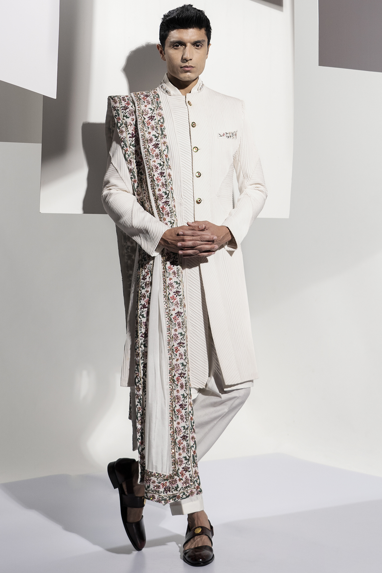 White Banana Crepe Embroidered Sherwani Set by Ankur J Men