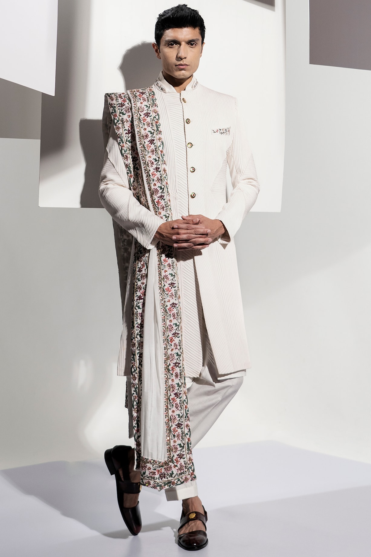 White Banana Crepe Embroidered Sherwani Set by Ankur J Men