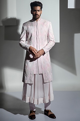 Rose Moss Crepe Embroidered Sherwani Set by Ankur J Men