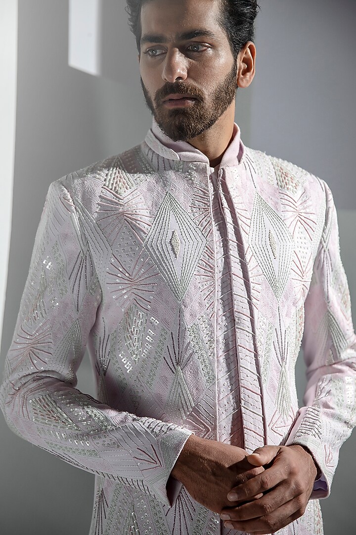 Rose Moss Crepe Embroidered Groom Sherwani Set by Ankur J Men at Pernia's Pop Up Shop