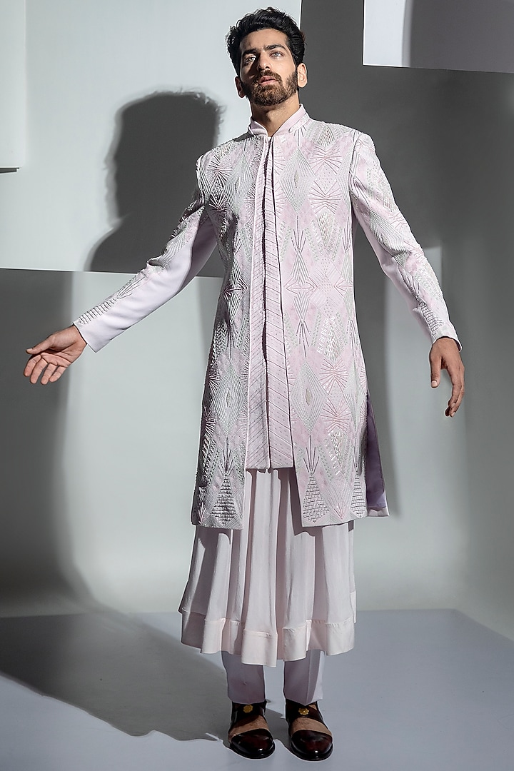 Rose Moss Crepe Embroidered Groom Sherwani Set by Ankur J Men at Pernia's Pop Up Shop