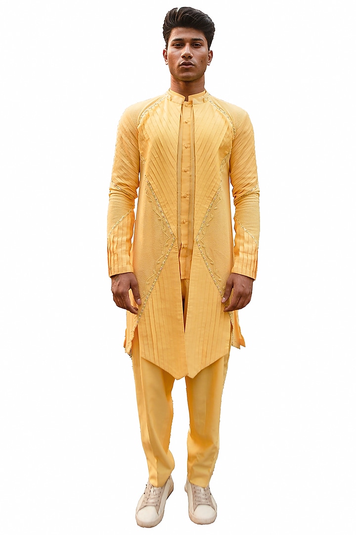 Yellow Cotton Silk Pant Set by Ankur J Men