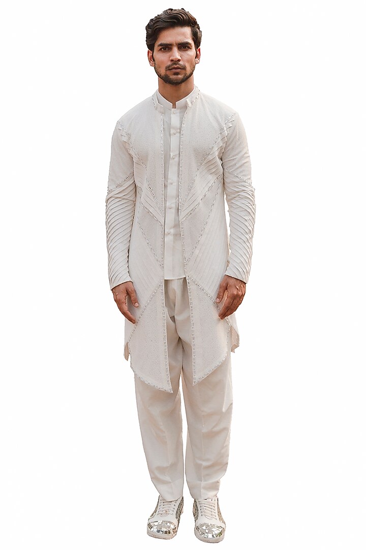 White Cotton Silk Pant Set by Ankur J Men