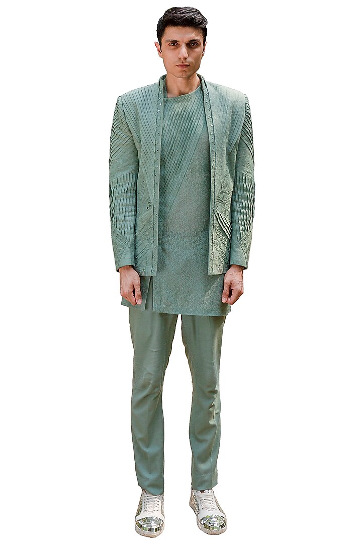 Calm Green Cotton Silk Embellished Jacket Kurta Set by Ankur J Men