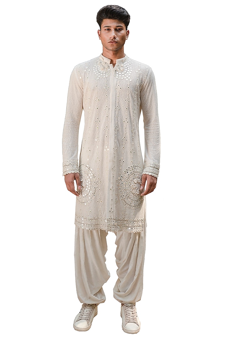 White Cotton Silk Embellished Kurta Set by Ankur J Men