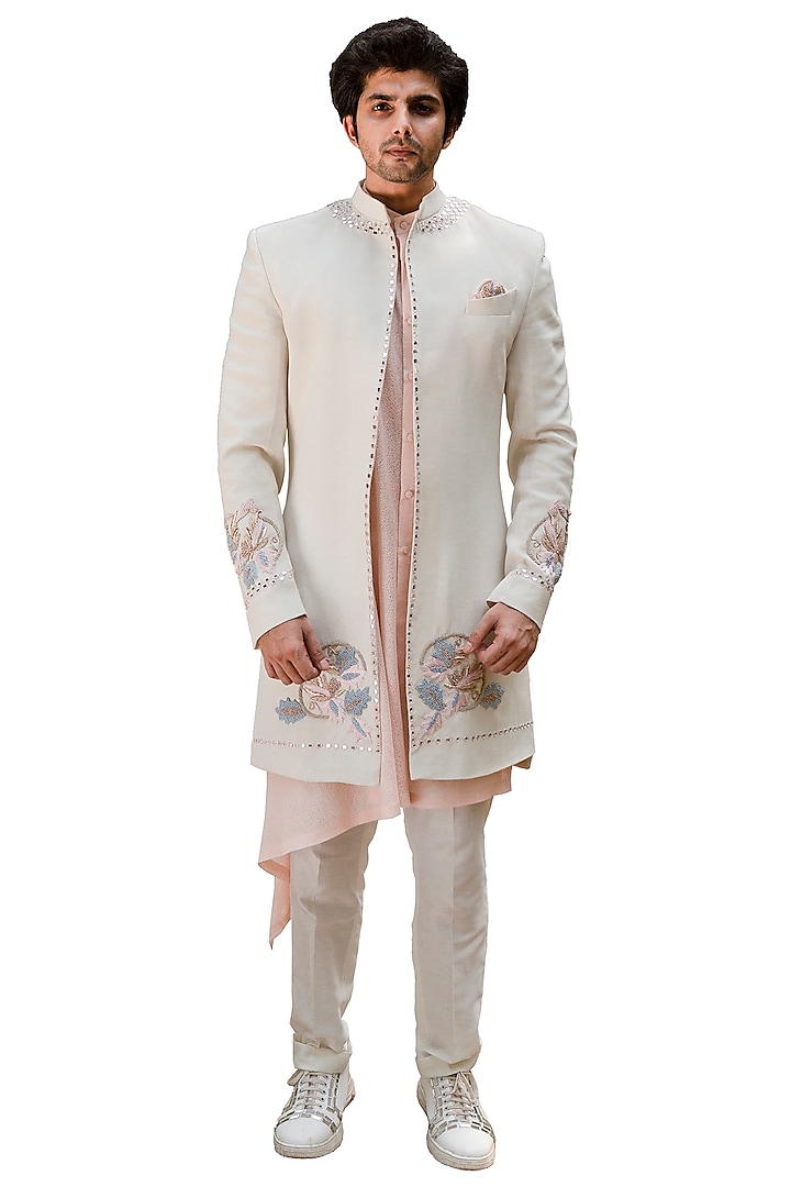 Light Pink Cotton Silk Embroidered Indo-Western Set by Ankur J Men