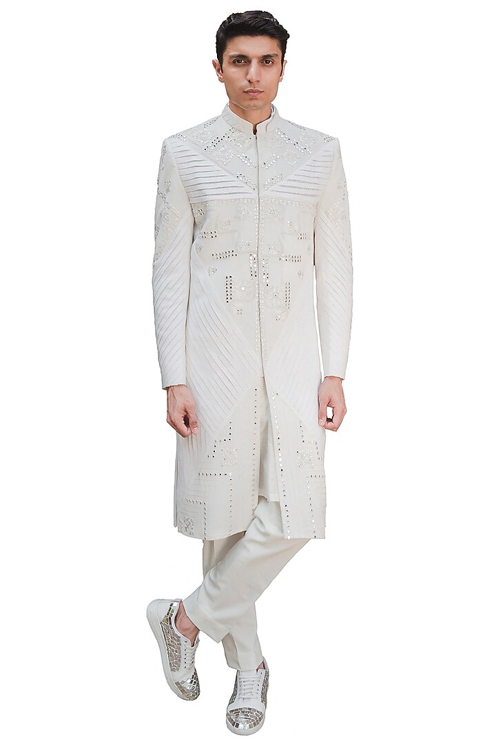 White Cotton Silk Embroidered Groom Sherwani Set by Ankur J Men at Pernia's Pop Up Shop