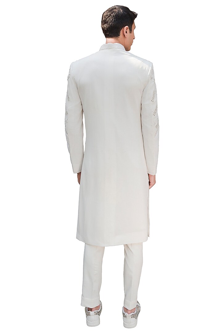 White Cotton Silk Embroidered Groom Sherwani Set by Ankur J Men at Pernia's Pop Up Shop