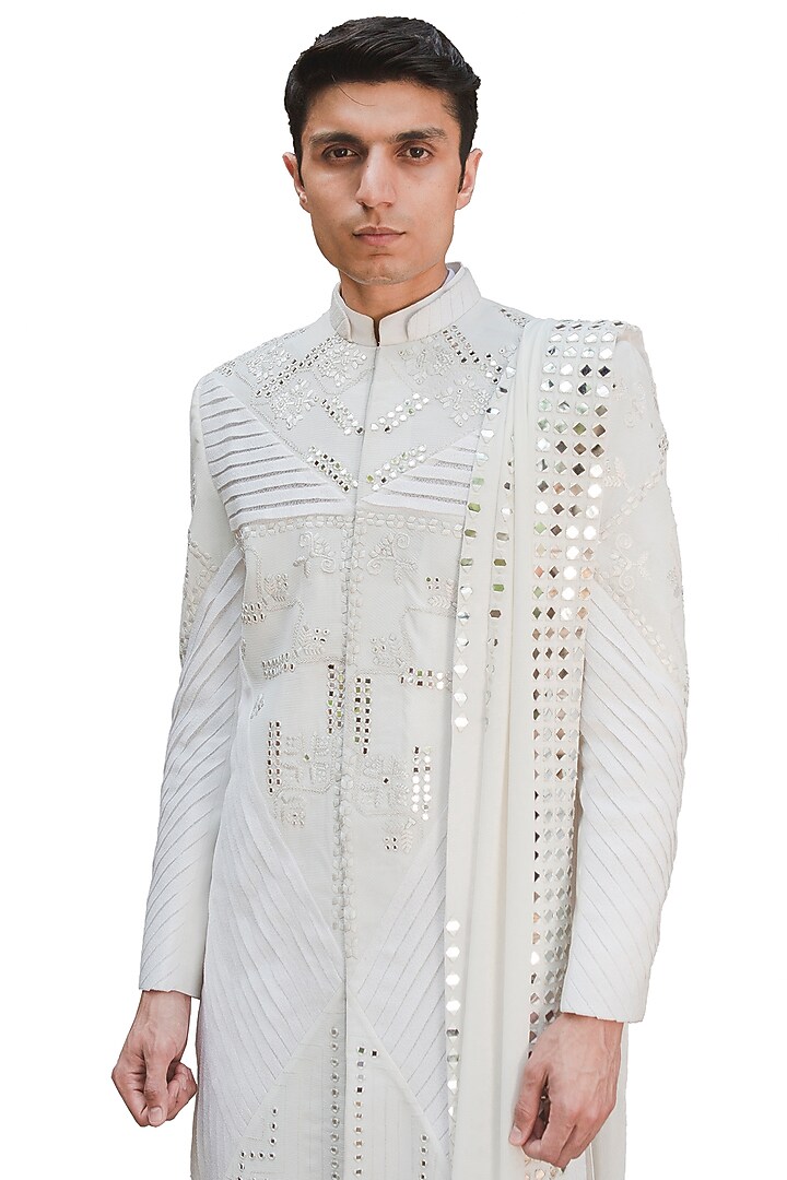 White Cotton Silk Embroidered Groom Sherwani Set by Ankur J Men at Pernia's Pop Up Shop
