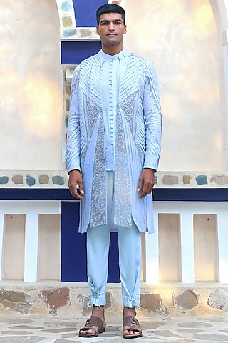 Columbian Blue Cotton & Silk Pant Set With Overlay by Ankur J Men