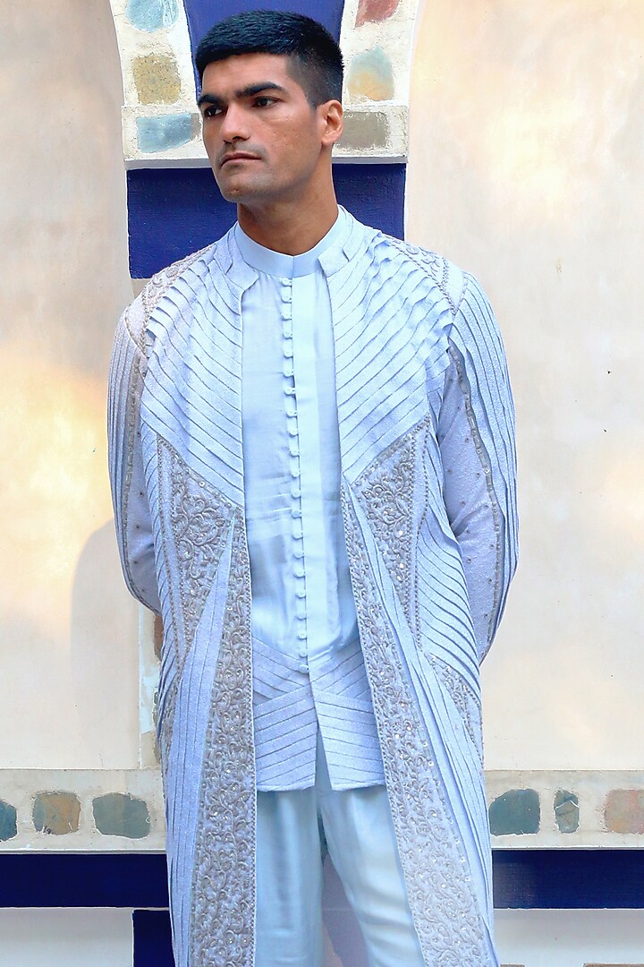 Columbian Blue Cotton & Silk Pant Set With Overlay by Ankur J Men at Pernia's Pop Up Shop