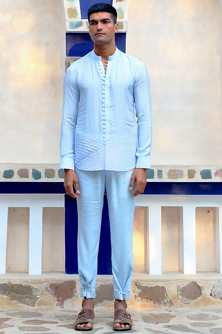 Columbian Blue Cotton & Silk Pant Set With Overlay by Ankur J Men at Pernia's Pop Up Shop