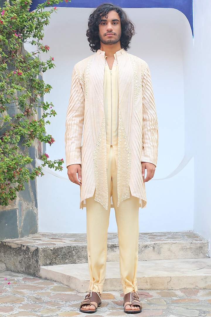 Cosmic Yellow Cotton & Silk Overlay Indowestern Set by Ankur J Men