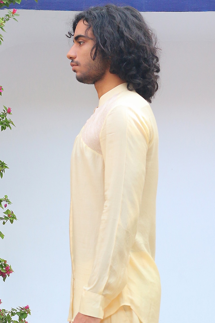 Cosmic Yellow Cotton & Silk Overlay Wedding Indowestern Set by Ankur J Men at Pernia's Pop Up Shop