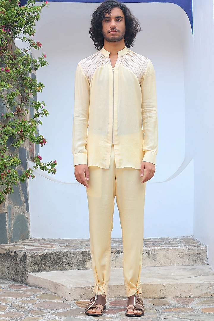 Cosmic Yellow Cotton & Silk Overlay Wedding Indowestern Set by Ankur J Men at Pernia's Pop Up Shop