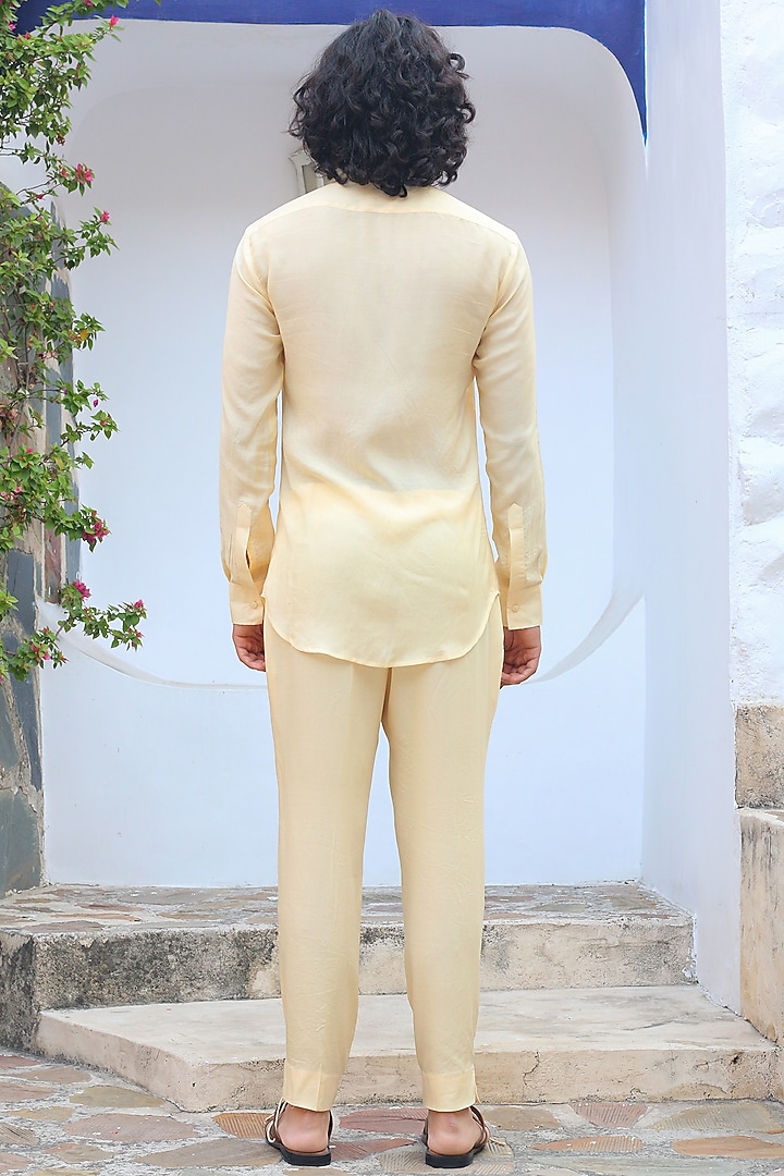 Cosmic Yellow Cotton & Silk Overlay Wedding Indowestern Set by Ankur J Men at Pernia's Pop Up Shop