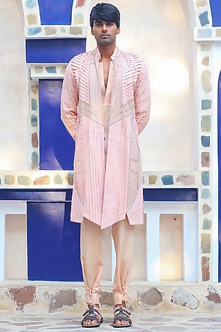 Salmon Pink Cotton & Silk Overlay Indo-Western Set by Ankur J Men