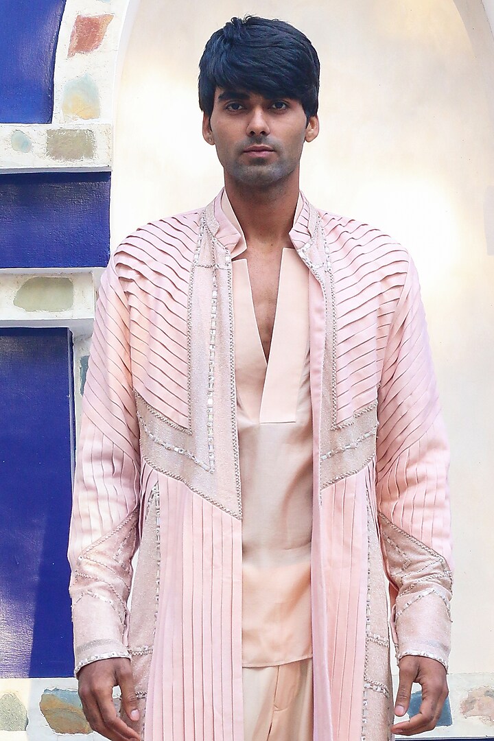 Salmon Pink Cotton & Silk Overlay Indo-Western Set by Ankur J Men at Pernia's Pop Up Shop