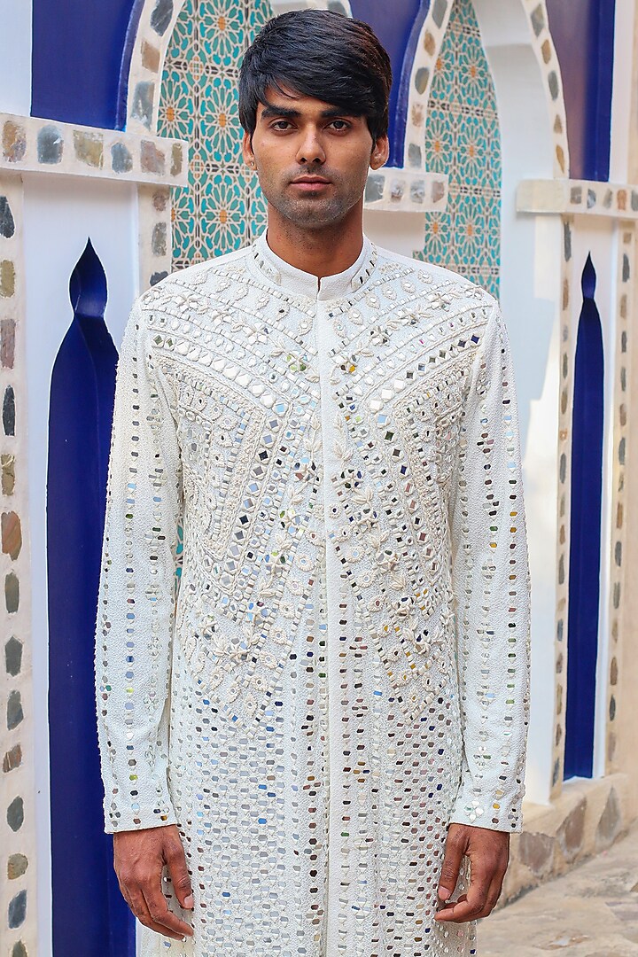 Ivory Cotton & Silk Mirror Work Handcrafted Kurta Set by Ankur J Men at Pernia's Pop Up Shop