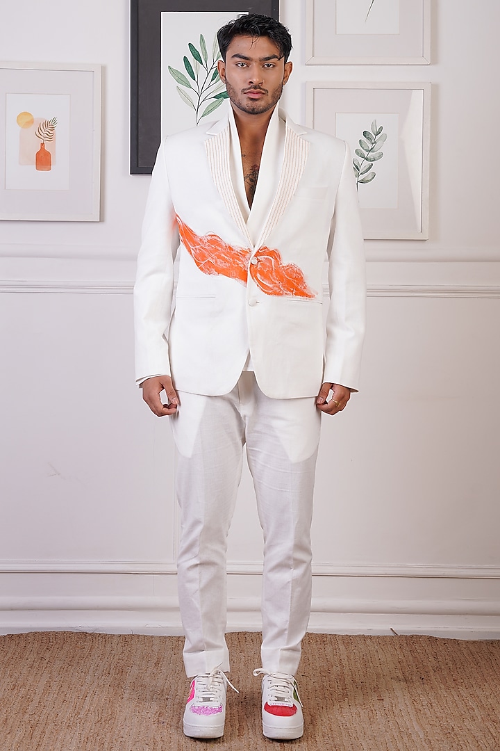 White Linen Hand Painted Blazer Set by Ankur J Men