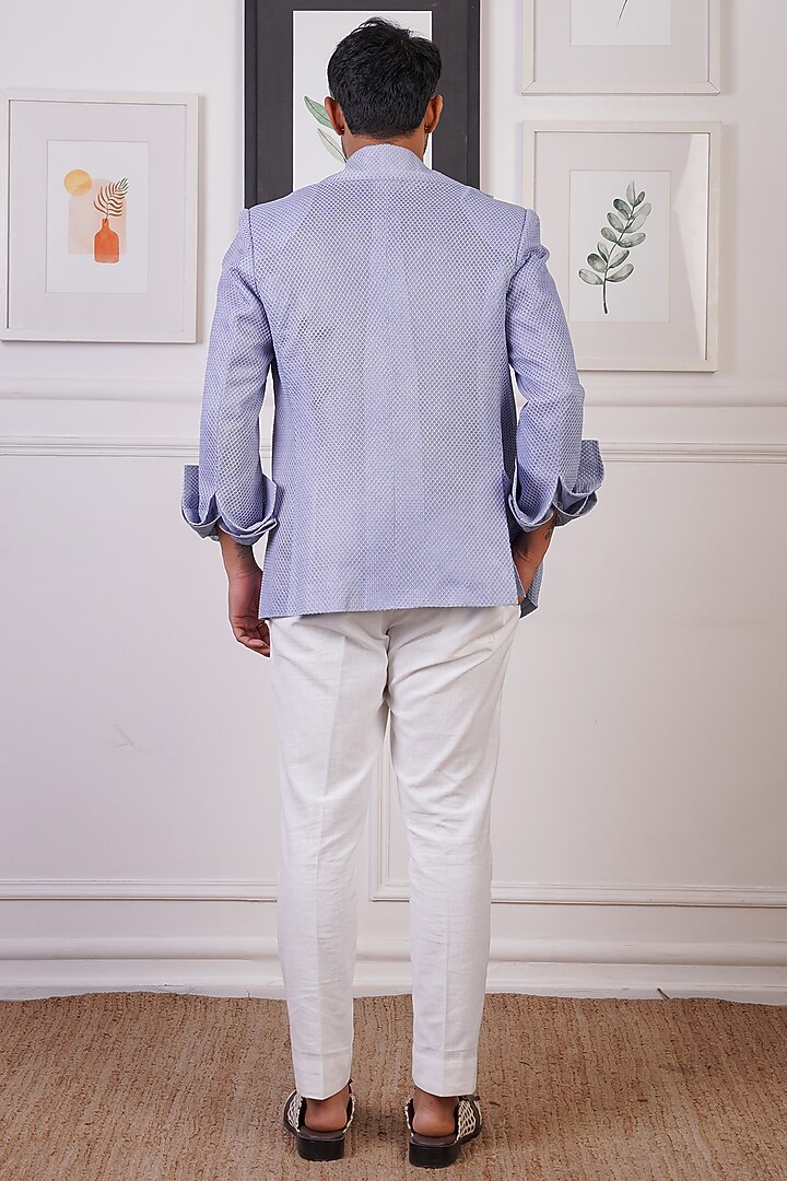 Midnight Ash Crochet & LInen Embroidered Blazer Set by Ankur J Men at Pernia's Pop Up Shop