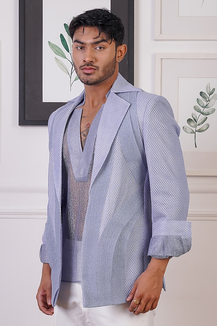 Midnight Ash Crochet & LInen Embroidered Blazer Set by Ankur J Men at Pernia's Pop Up Shop