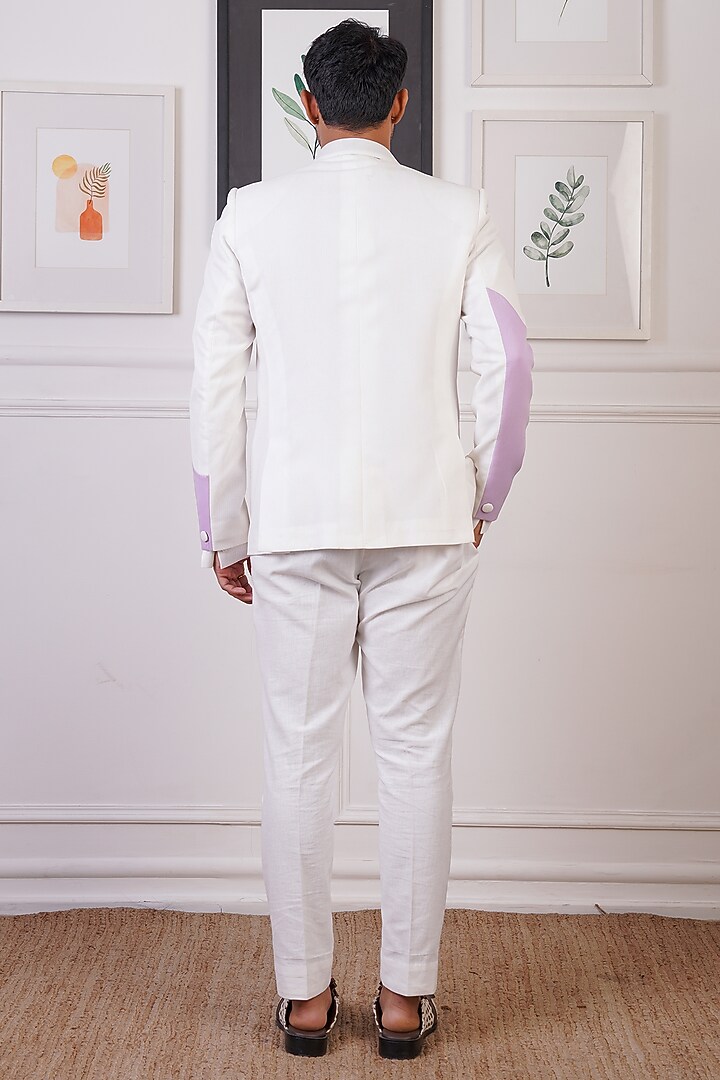 White & Periwinkle Crochet & Linen Blazer Set by Ankur J Men at Pernia's Pop Up Shop