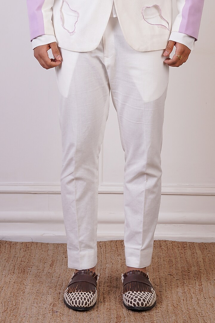 White & Periwinkle Crochet & Linen Blazer Set by Ankur J Men at Pernia's Pop Up Shop