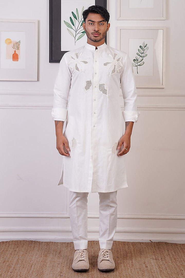 White & Taupe Linen Embroidered Kurta Set by Ankur J Men