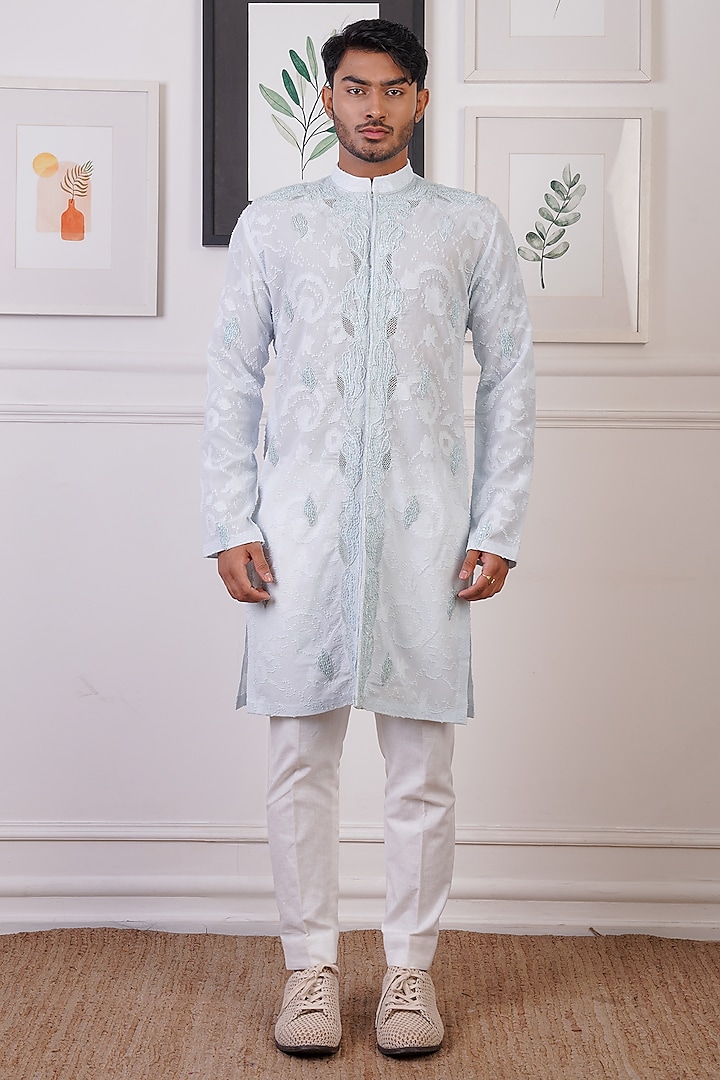 Petrel Blue & Grey Georgette & Cotton Silk Embroidered Kurta Set by Ankur J Men