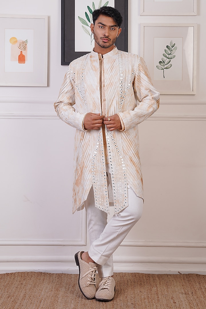 White & Mud Cotton & Cotton Silk Printed Kurta Set by Ankur J Men