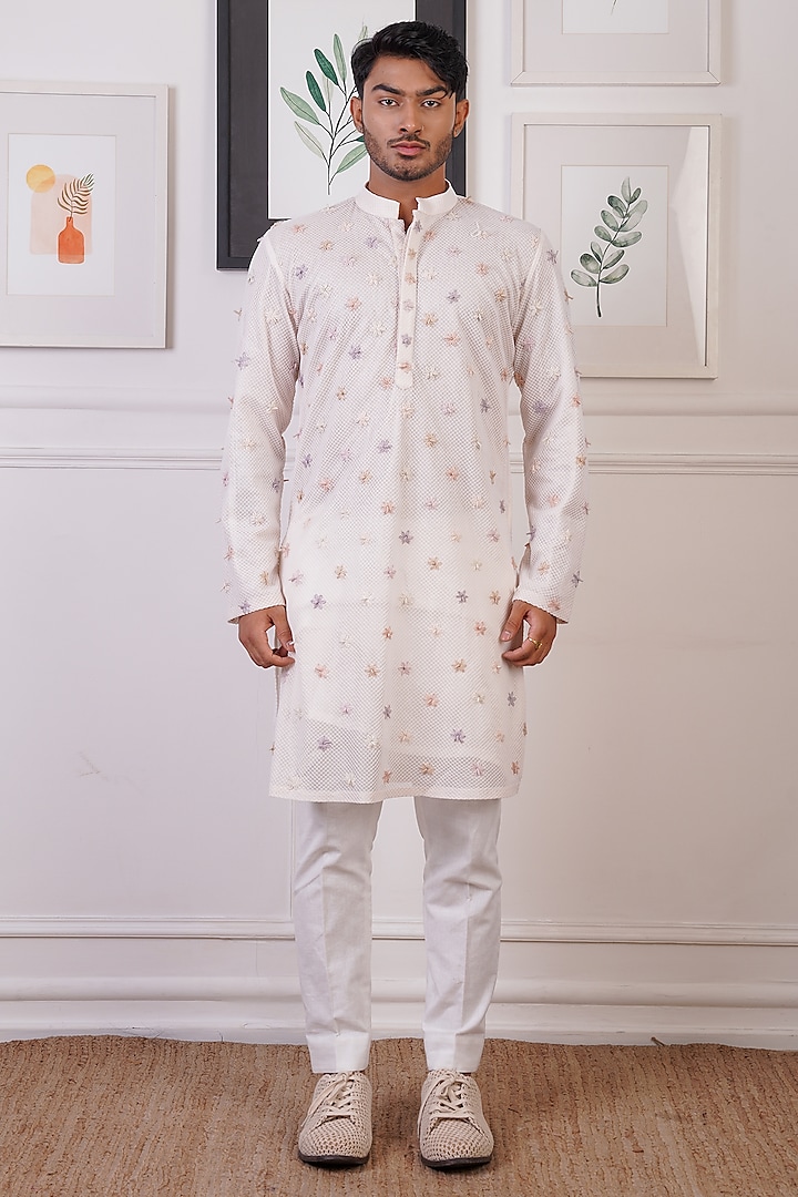 Ivory Crochet & Cotton Silk Thread Embroidered Kurta Set by Ankur J Men