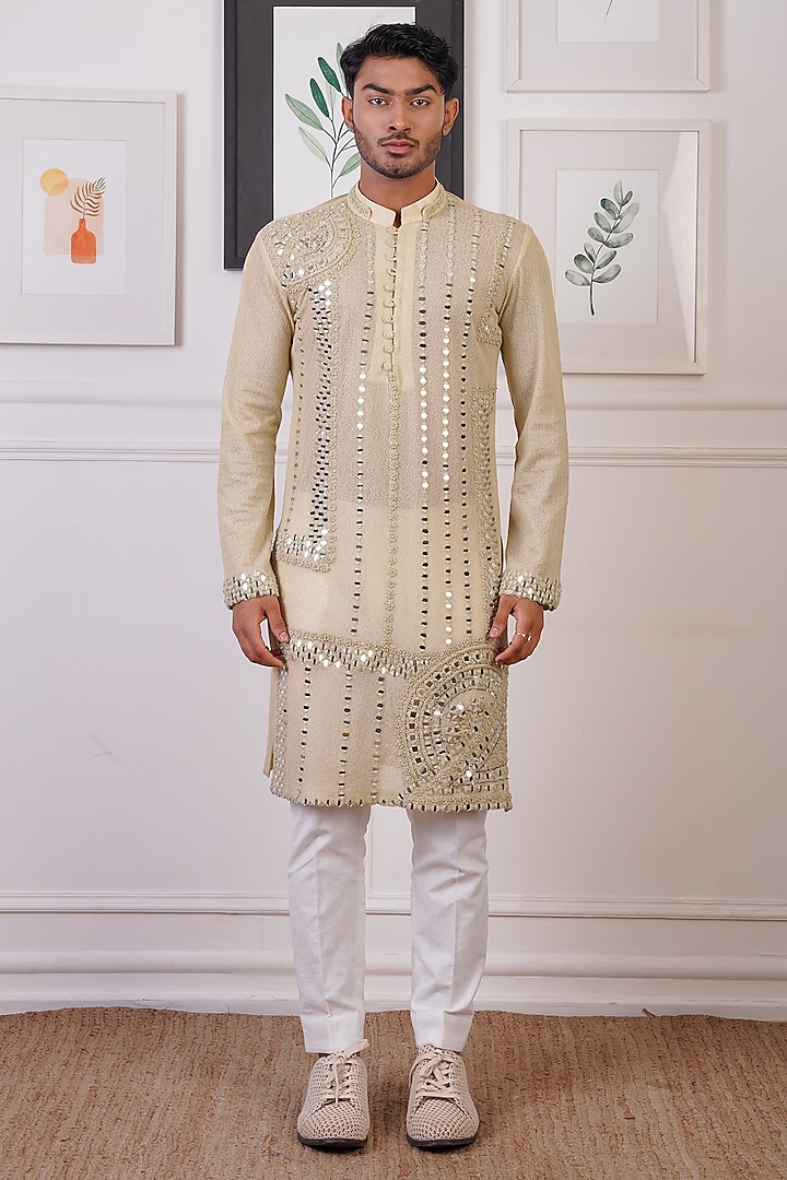 Rust Mint Cotton & Cotton Silk Mirror Embroidered Kurta Set by Ankur J Men