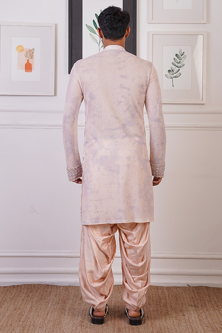 Peach & Periwinkle Cotton & Cotton Silk Printed & Mirror Embroidered Kurta Set by Ankur J Men at Pernia's Pop Up Shop