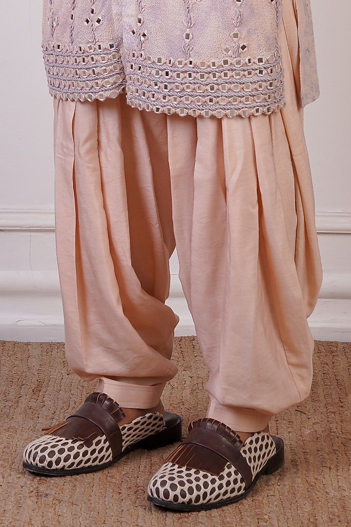 Peach & Periwinkle Cotton & Cotton Silk Printed & Mirror Embroidered Kurta Set by Ankur J Men at Pernia's Pop Up Shop