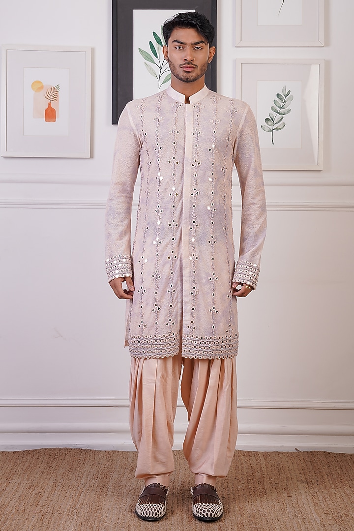 Peach & Periwinkle Cotton & Cotton Silk Printed & Mirror Embroidered Kurta Set by Ankur J Men at Pernia's Pop Up Shop