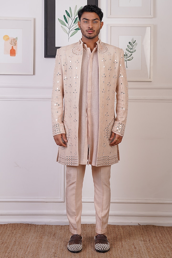 Skin Cotton & Cotton Silk Mirror Embroidered Indowestern Set by Ankur J Men