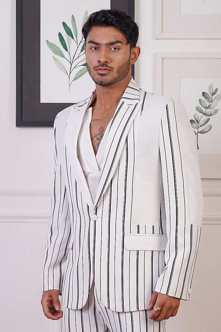 White Crochet & Suiting Printed Blazer Set by Ankur J Men at Pernia's Pop Up Shop