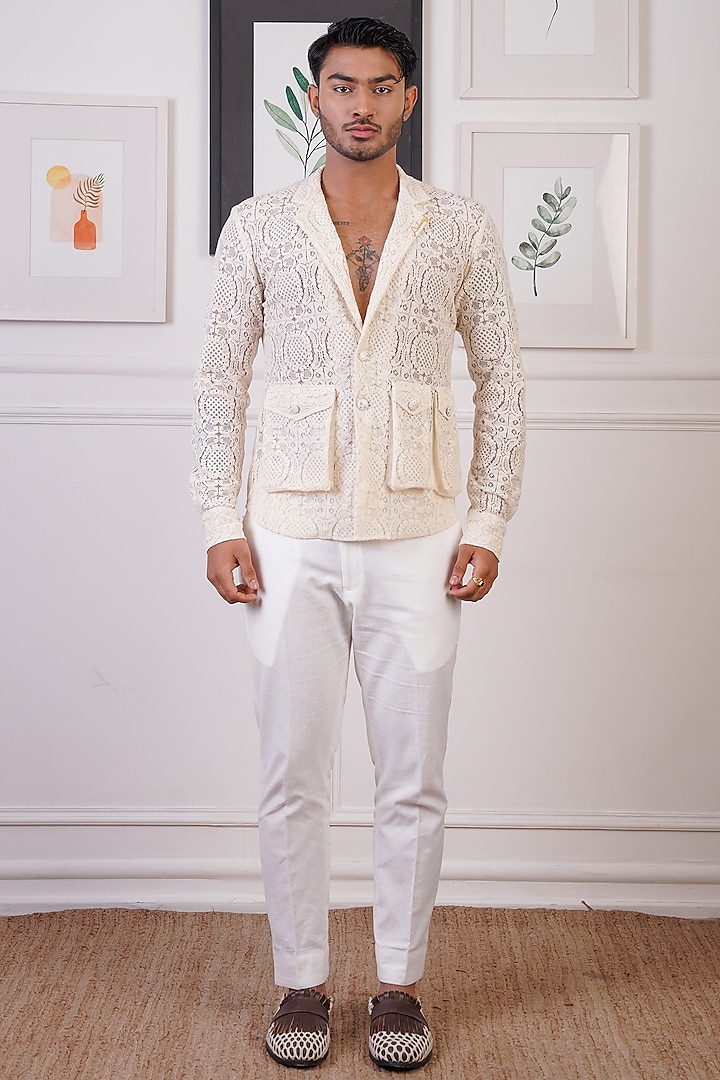 Beige Crochet Shirt by Ankur J Men