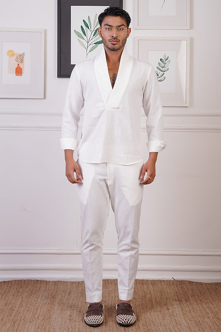 White Linen Ribbed Shirt by Ankur J Men