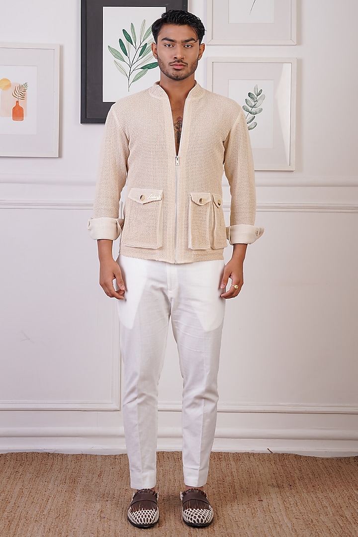 Beige Crochet Shirt by Ankur J Men at Pernia's Pop Up Shop