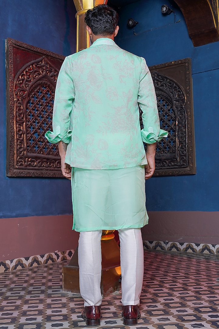 Parakeet Sage Habutai Organza Waistcoat Set by Ankur J Men at Pernia's Pop Up Shop