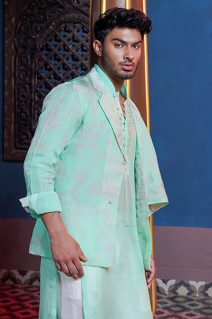Parakeet Sage Habutai Organza Waistcoat Set by Ankur J Men at Pernia's Pop Up Shop