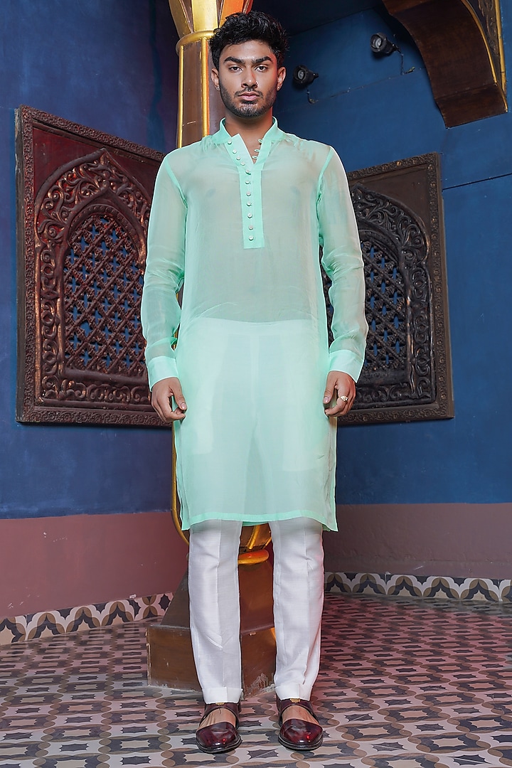 Parakeet Sage Habutai Organza Kurta Set by Ankur J Men